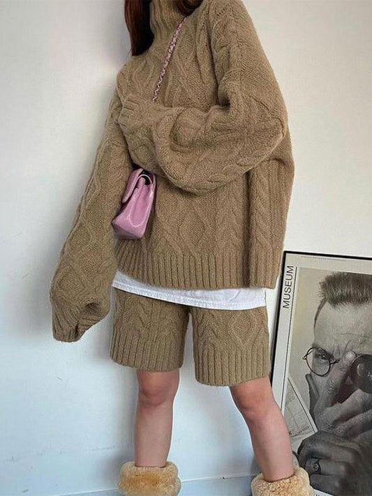 lovevop Vintage Comfy Knited High Neck Sweater+Loose Knit Short Pants Suit