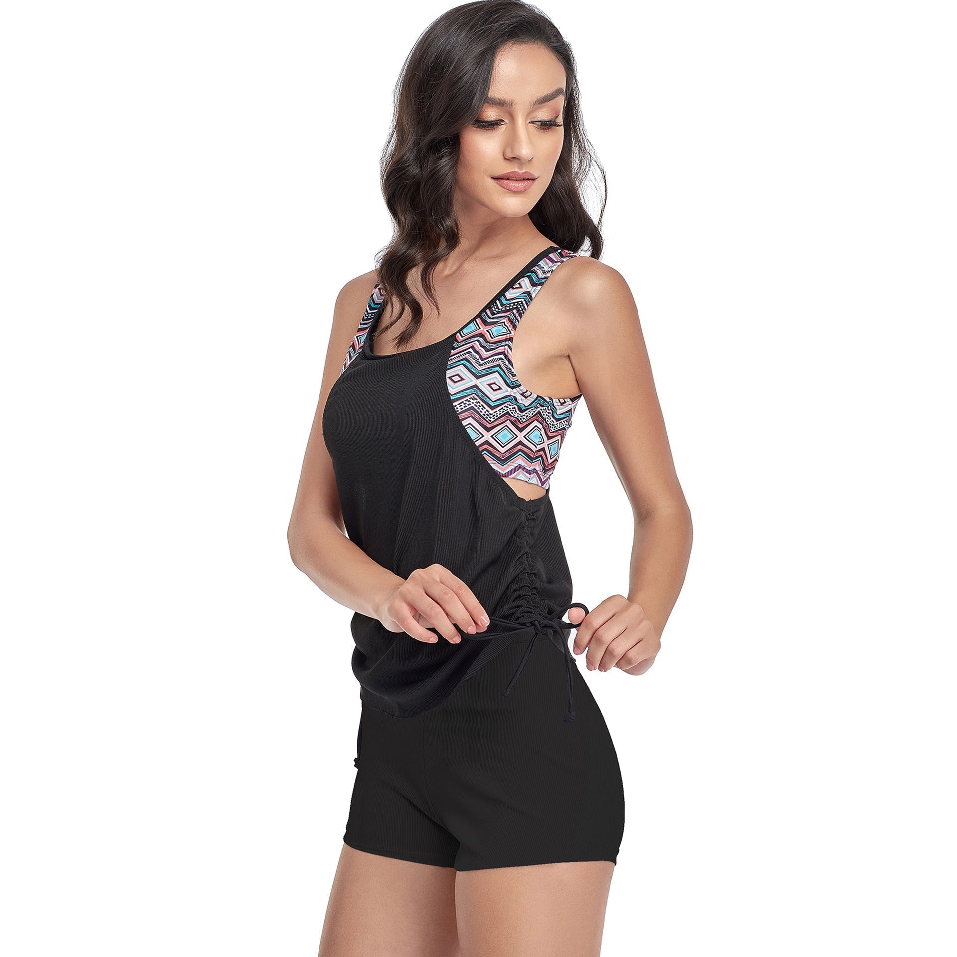 Printed Strappy T-Back Push Up Tankini Top with Shorts
