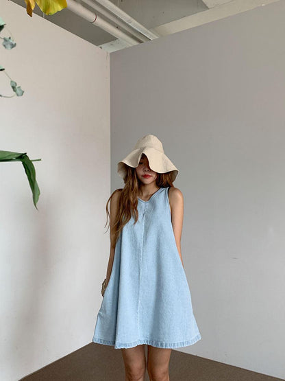 lovevop Loose Versatile A-Line Sleeveless Denim Dress