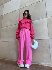 lovevop Lizakosht Autumn Women Fashion Rose Red Ruffle Blouse Female O-neck Flare Sleeve Elegant Office Lady Pullover Vintage Loose Shirts