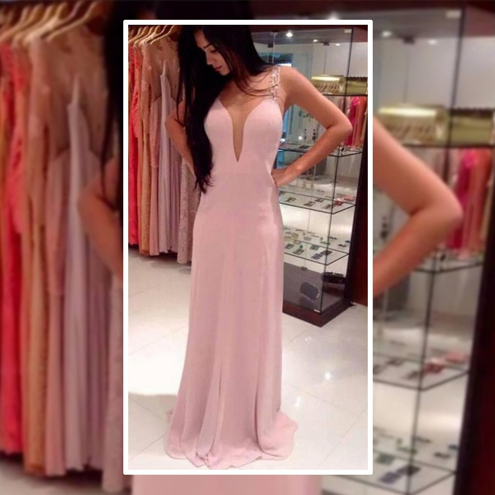 Graduation Prom New Deep V-neck Fashion Prom Chiffon Pink Evening Dress Women