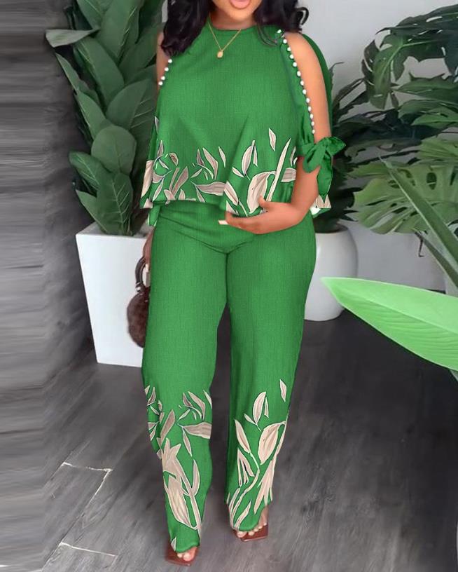 lovevop Two Piece Sets Women Outifit  Summer Fashion Plants Print Split Sleeve O-Neck Top & Casual Straight Leg Pants Set Streetwear