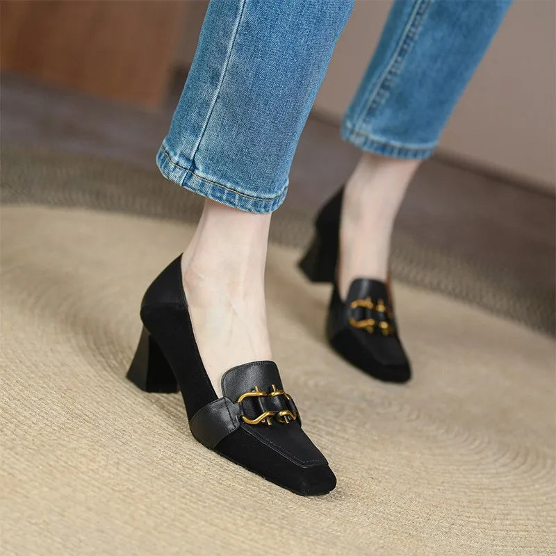 lovevop-Retro Luxury Women's Shoes Pumps  New Metal Decoration Square Toe Brand Mueller Shoes Green Designer High Heeled Loafers