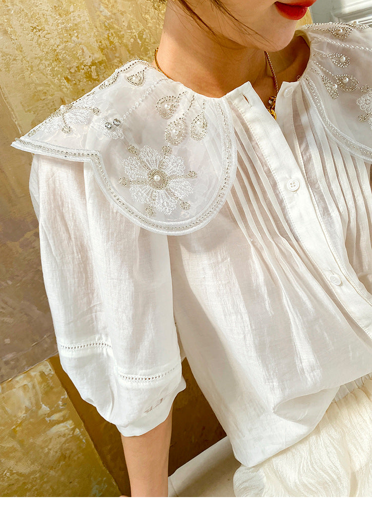 lovevop GypsyLady Elegant Chic White Blouse Shirt Loose Floral Embroidery Summer Women Blouse Lantern Sleeve Beading Office Ladies Tops