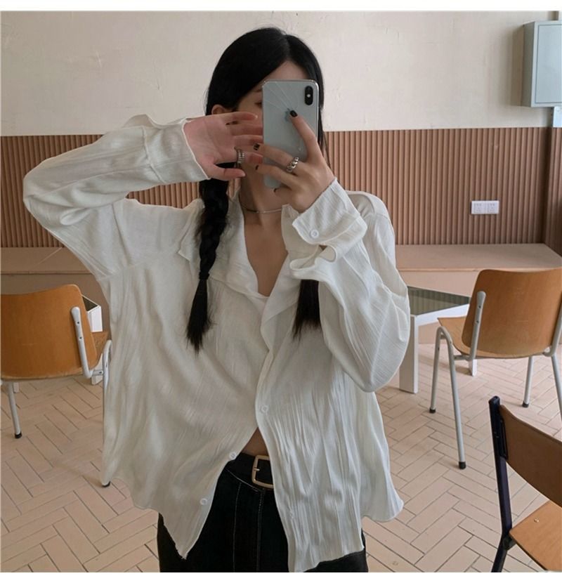 lovevop White Blouses Women Elegant Shirt Female Aesthetic Y2k Harajuku Pleated Chic Long Sleeve Top Ladies Loose Korean Vintage