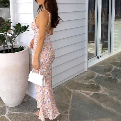 lovevop-Summer Maxi Dress For Women Fashion Print Sleeveless Strap Backless Sexy Lace Bodycon Dress Casual Elegant Club Party Dresses