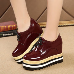 lovevop Brand Spring Casual Solid Women Shoes Patent Leather Lace-Up Loafers Platforms Sneakers British Style Ladies Oxfords W4