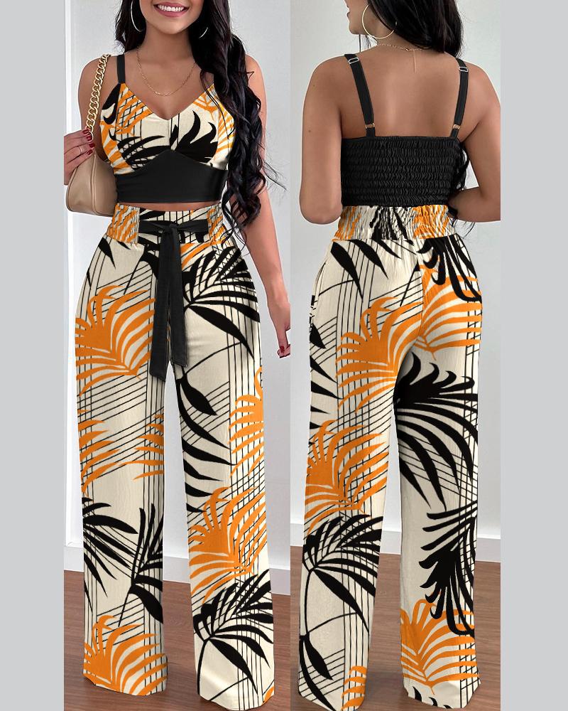 lovevop Two Piece Sets Womens Outifits Summer Fashion Printed Suspenders V Neck Sleeveless Crop Top & Casual Wide-Leg Long Pants Set