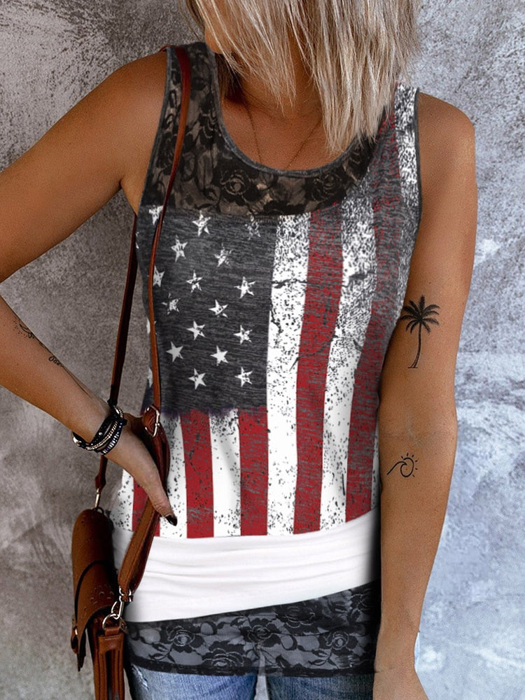 Women's American Flag Lace Trim Splicing Tank Top Side Drawstring   Sleeveless Shirt Patriotic US Flag Hollow Out