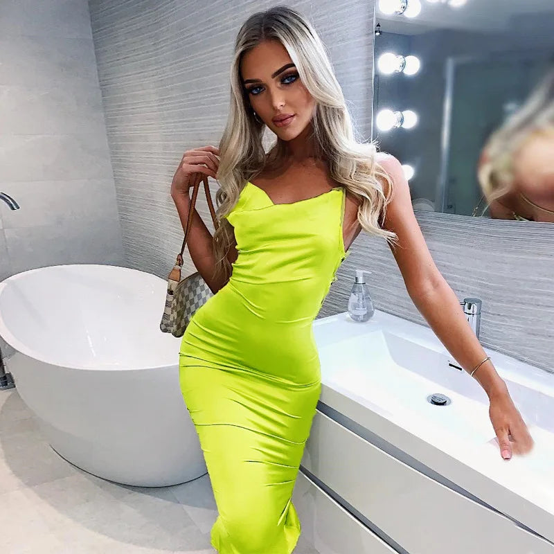 lovevop-Neon Satin Lace Up Women's Long Midi Dress Light Pink Bodycon Backless Elegant Party Sexy Club Clothes  Summer Dinner Outfit