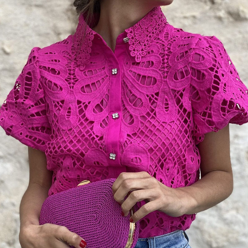 lovevop Lizakosht High Street Puff Short Sleeve Lace Blouse Top Office Fashion Hollow Shirt t Shirt Commute Women O Neck Solid Jacquard Pullover