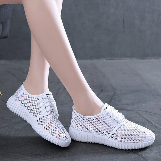 lovevop Womens Shoes Hollow Out Breathable Lace Up Flats Breathable Mesh Lightweight Shoes Casual All-match Sneakers Zapatos De Mujer