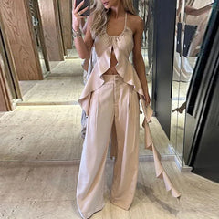 lovevop- Spring Summer Hollow Ruffle Suits Sexy U-neck Backless Lace-up Top and Button Pants Outfits Women Sleeveless Two Piece Sets