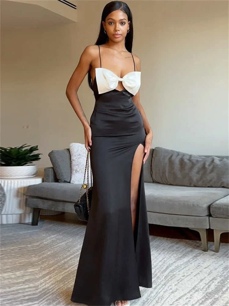 Tossy Tee Bow High Split Contrast Maxi Dress Female Slim Patchwork Holiday Beach Backless Fashion Party Dress Women Gown Dress