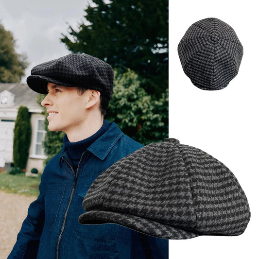 lovevop-Retro Plaid Newsboy Hat Men Beret Black Beret Hats Peaked Octagonal with Brim Caps Winter Spring Beret NC16