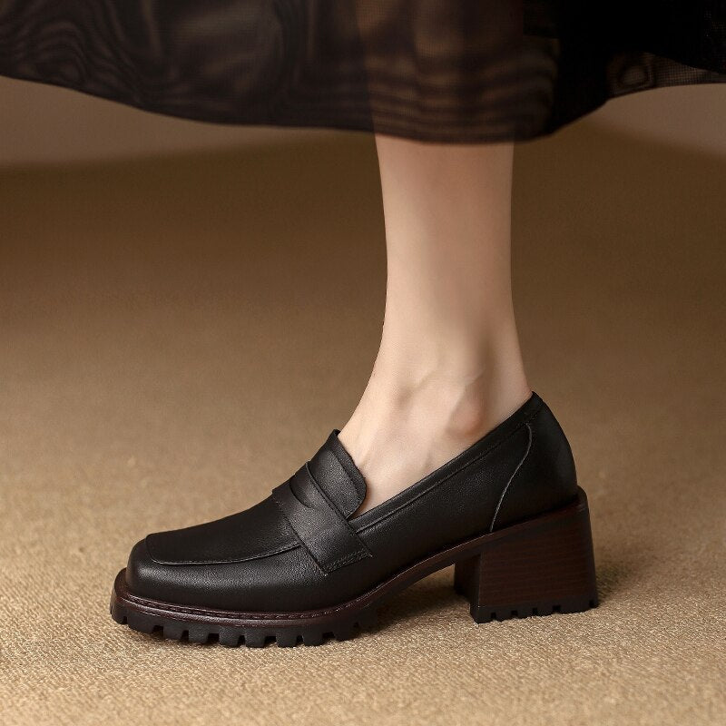 Back to school  new Women pumps natural leather 22-25cm Washed cowhide+pigskin full leather square toe soft leather fashion women shoes