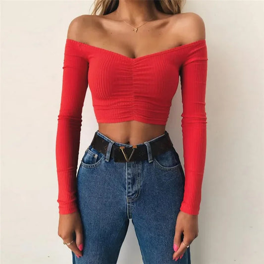 lovevop-Sexy Off Shoulder Bare Midriff Folds Rib T Shirt Women Long Sleeves Slash Neck Short Tshirt Ladies Tee Shirt Camisetas Mujer