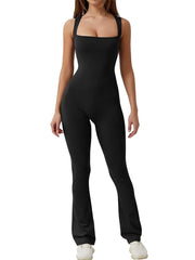 lovevop-Women's Full-Length Tank Slim and Sexy Jumpsuit Solid Color Long Sleeve Low Cut Square Neck Bodycon Romper for Yoga