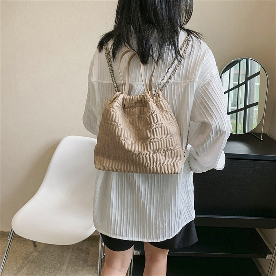 maoxiangshop - 3 In 1 Women's Small Backpack Cute Ruched PU Leather Shoulder Bag Luxury Designer Backpacks for Teenagers Girls Trend Brand Tote