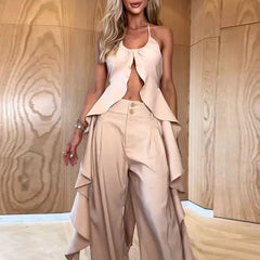 lovevop- Spring Summer Hollow Ruffle Suits Sexy U-neck Backless Lace-up Top and Button Pants Outfits Women Sleeveless Two Piece Sets