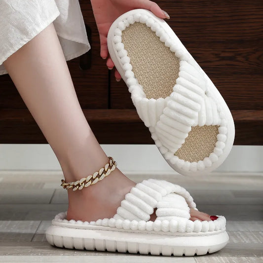 lovevop- rNew Women Home Slippers Open-Toe Cross Band Linen Soled Indoor Slides Linen Soled Non-Slip Bathroom Slippers