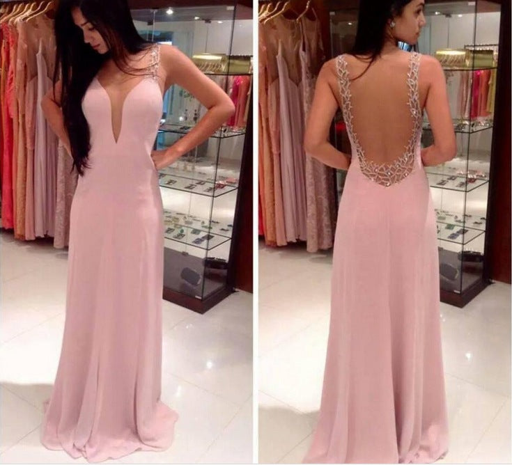 Graduation Prom New Deep V-neck Fashion Prom Chiffon Pink Evening Dress Women