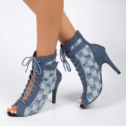 lovevop-Rubber Sole Latin Dance Boots Sexy Modern Shoes Dance High-heeled 9cm Sandals Lace-up Hollow Belt Buckle Fashion Square Denim