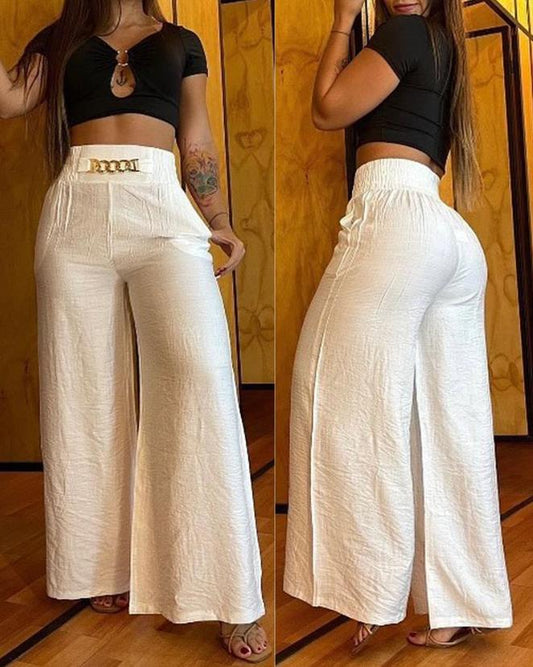 lovevop Women's Pants  Spring Fashion Chain Decor High Waist Casual Plain Pocket Design Daily Wide Leg Long Pants Y2K Streetwear