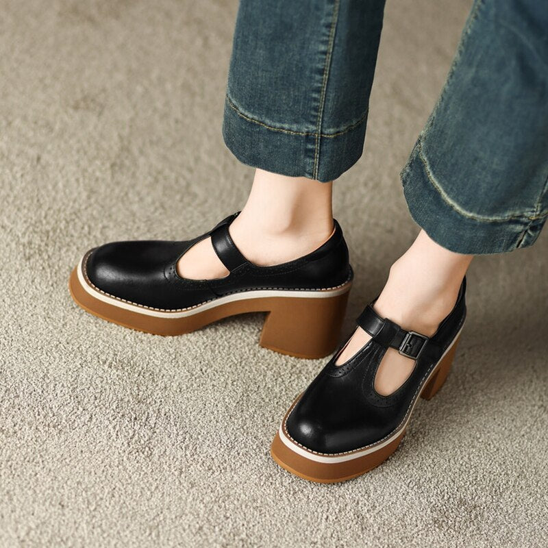 lovevop NEW Spring Women Shoes Round Toe Chunky Heel Mary Janes Split Leather Platform Shoes for Women Fashion Solid High Heels Women