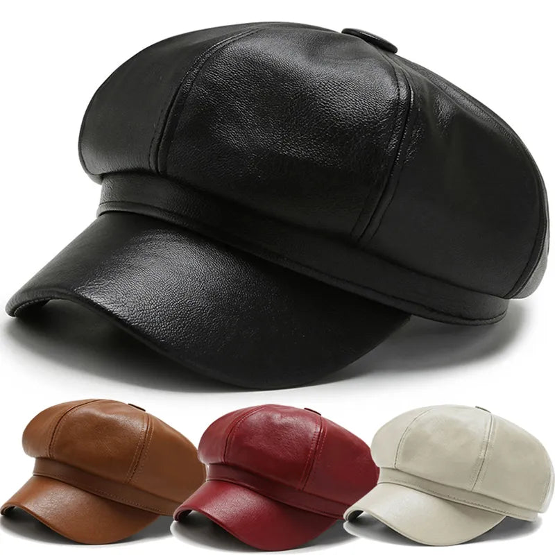 lovevop-Women Men PU Leather Berets Hat Retro British Solid Beret Baseball Cap Outdoor Sun Hat Winter Warm Octagonal Hats Newsboy Caps