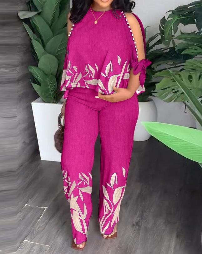 lovevop Two Piece Sets Women Outifit  Summer Fashion Plants Print Split Sleeve O-Neck Top & Casual Straight Leg Pants Set Streetwear