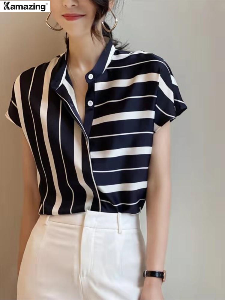 lovevop Lizakosht Summer Women Casual Striped Shirt Office Lady Short Sleeve Fashion Chiffon Shirt Top Female Blouse