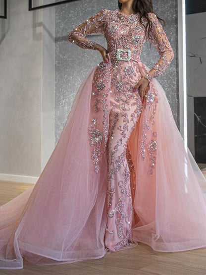 Lovevop 2024 Pink Mermaid Formal Gowns Long Sleeves Evening Dress Sparkly Beading Mermaid Prom Dresses with Detachable Train