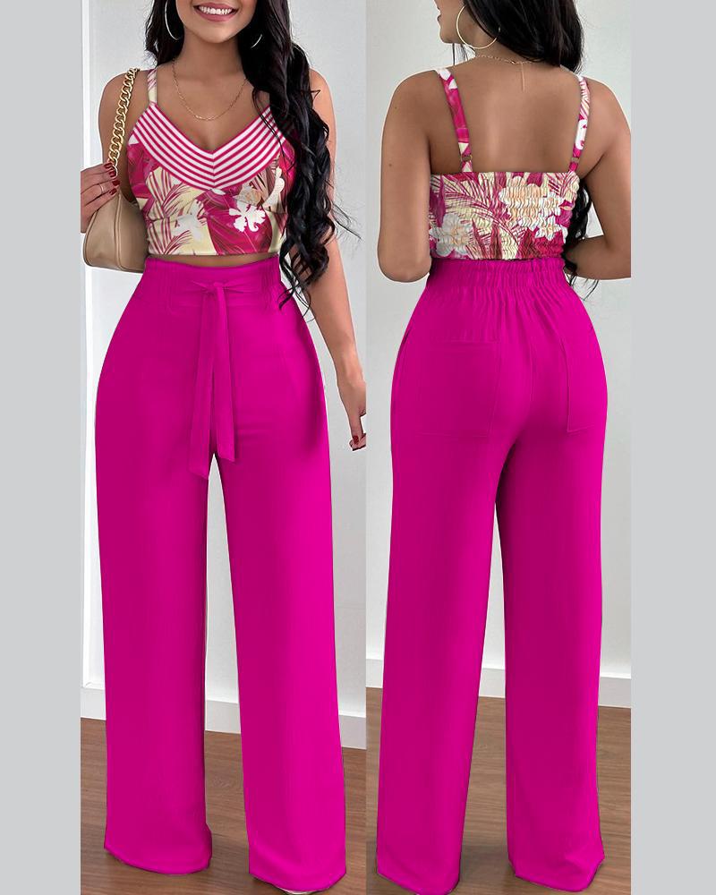 lovevop Two Piece Sets Womens Outifits Summer Fashion Printed Suspenders V Neck Sleeveless Crop Top & Casual Wide-Leg Long Pants Set