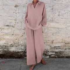 lovevop-Harajuku Vintage Solid Cotton Linen Women Sets Simple Casual V-neck Top Pullover & Wide Leg Pants Outfits Spring Fall Loose Suit