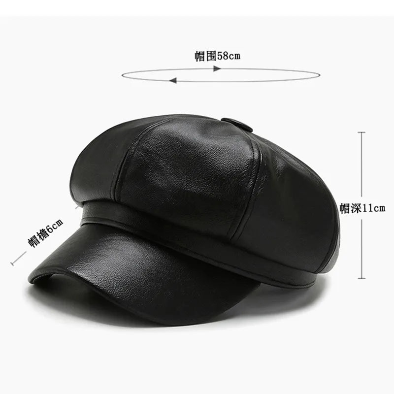 lovevop-Women Men PU Leather Berets Hat Retro British Solid Beret Baseball Cap Outdoor Sun Hat Winter Warm Octagonal Hats Newsboy Caps