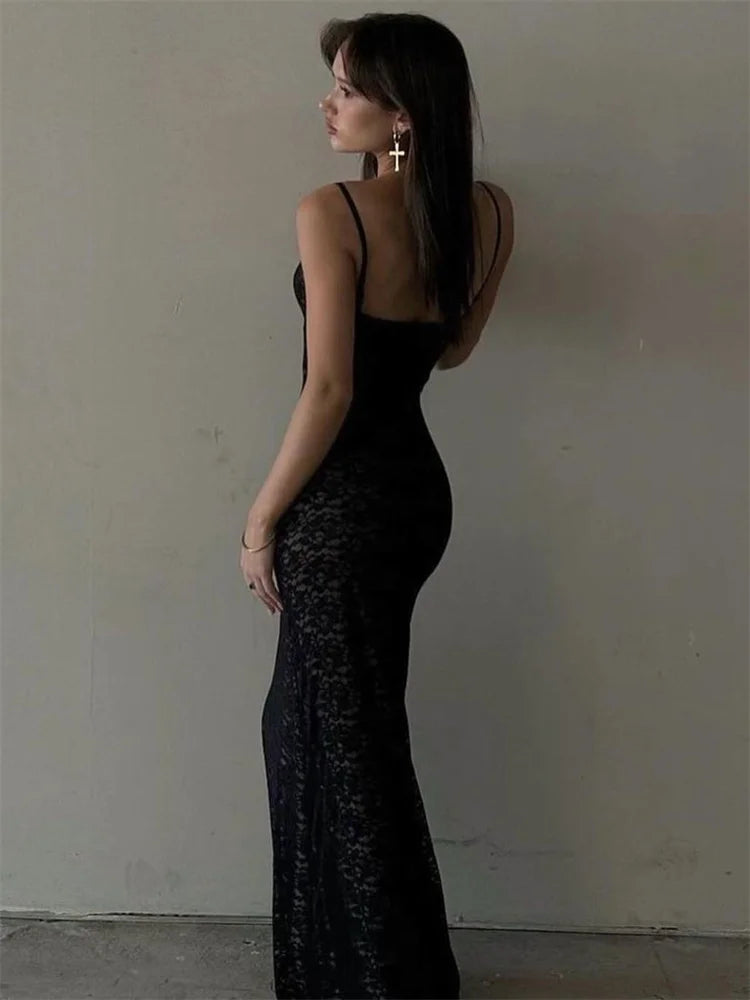 Tossy Lace Hollow Out Backless Maxi Dress Slim V-Neck See-Through High Street Summer Elegant Party Dress Fashion Slim Dress