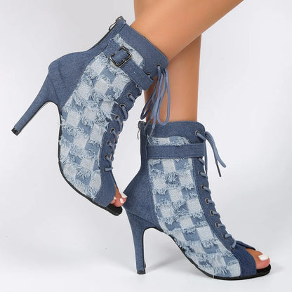 lovevop-Rubber Sole Latin Dance Boots Sexy Modern Shoes Dance High-heeled 9cm Sandals Lace-up Hollow Belt Buckle Fashion Square Denim