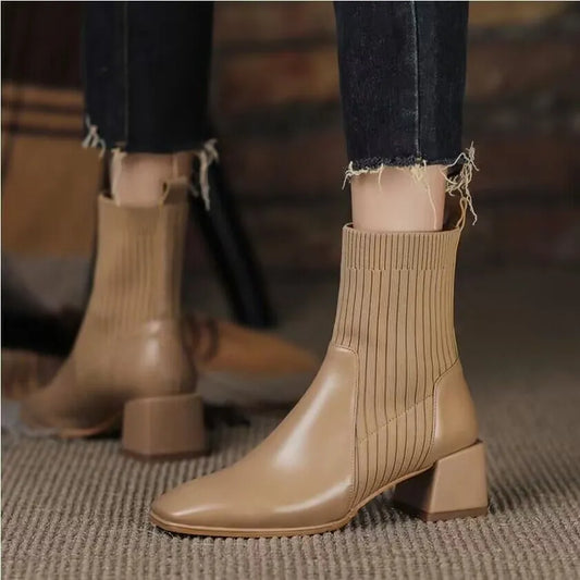 lovevop- Autumn Winter Ankle Socks Shoes Plush Women Boots Size 42 43 Knitted Short Boots Square Toe Retro High Heels Botas De Mujer
