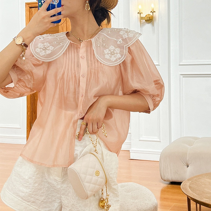 lovevop GypsyLady Elegant Chic White Blouse Shirt Loose Floral Embroidery Summer Women Blouse Lantern Sleeve Beading Office Ladies Tops