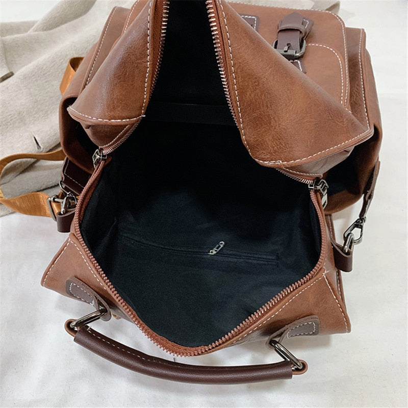 maoxiangshop - Women&#39;s Backpack Vintage Pu Leather Daypack Brown Mochilas Para Mujer Casual Travel Bag Retro Student School Bag