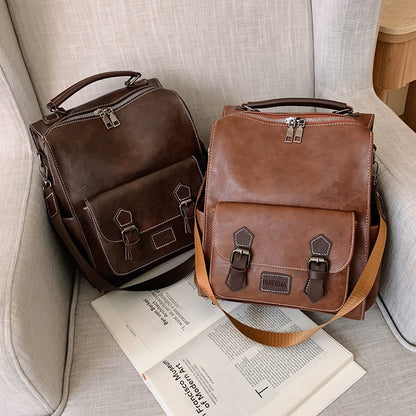 maoxiangshop - Women&#39;s Backpack Vintage Pu Leather Daypack Brown Mochilas Para Mujer Casual Travel Bag Retro Student School Bag