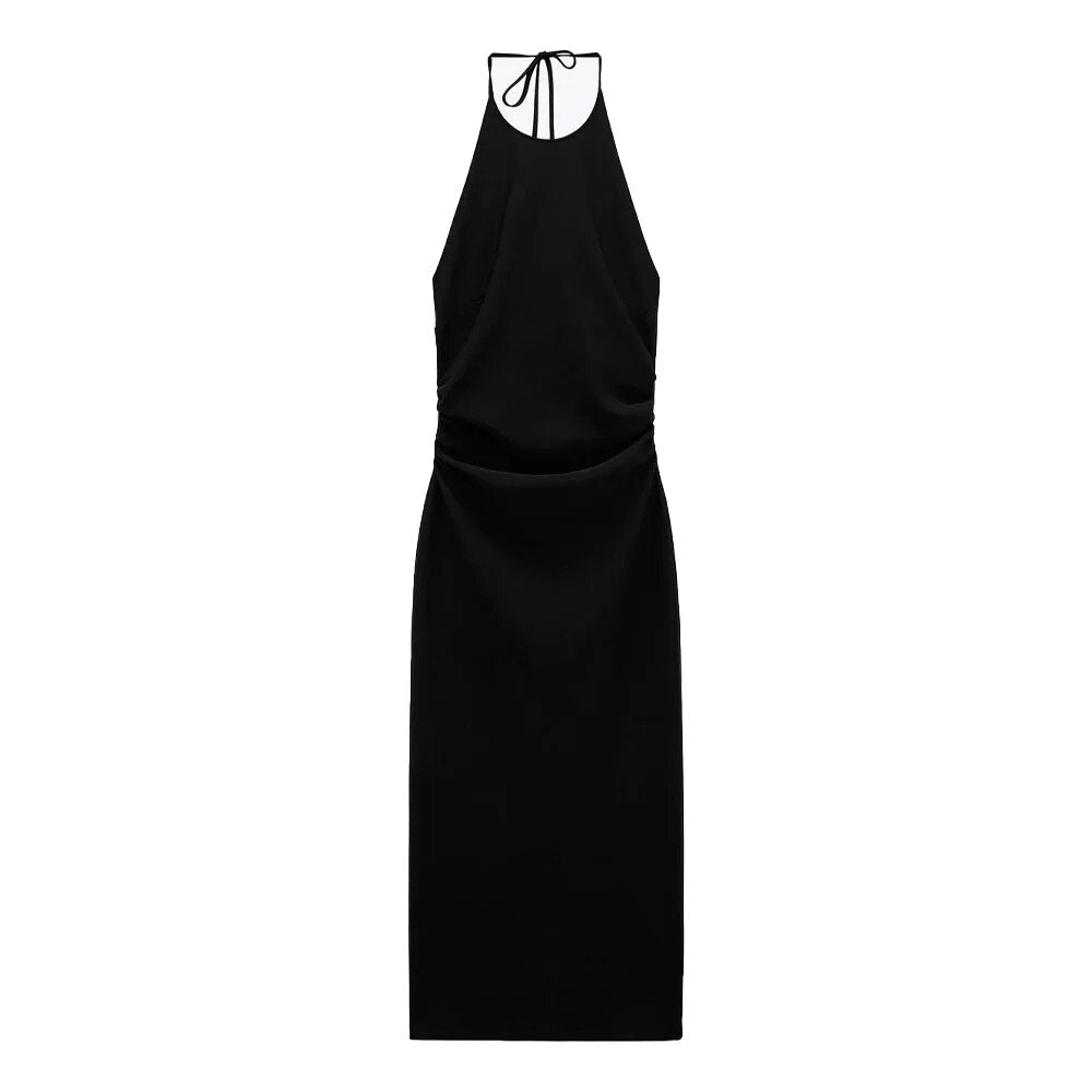 Lovevop - New women's temperament fashion casual sexy adjustable bow side pleated decoration pleated halter neck dress