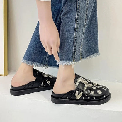 lovevop Summer Women Slippers Platform Rivets Punk Rock Leather Mules Creative Metal Fittings Casual Party Shoes Female Outdoor 0823