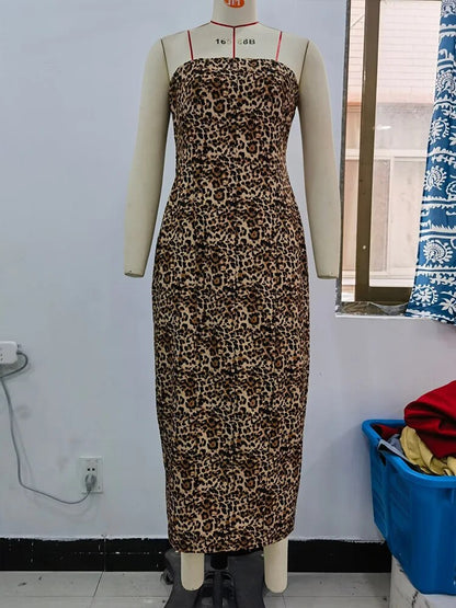 Lovevop- 2024 new women's printed straight open fork waist bust waist-skimming leopard print sexy one neck dress