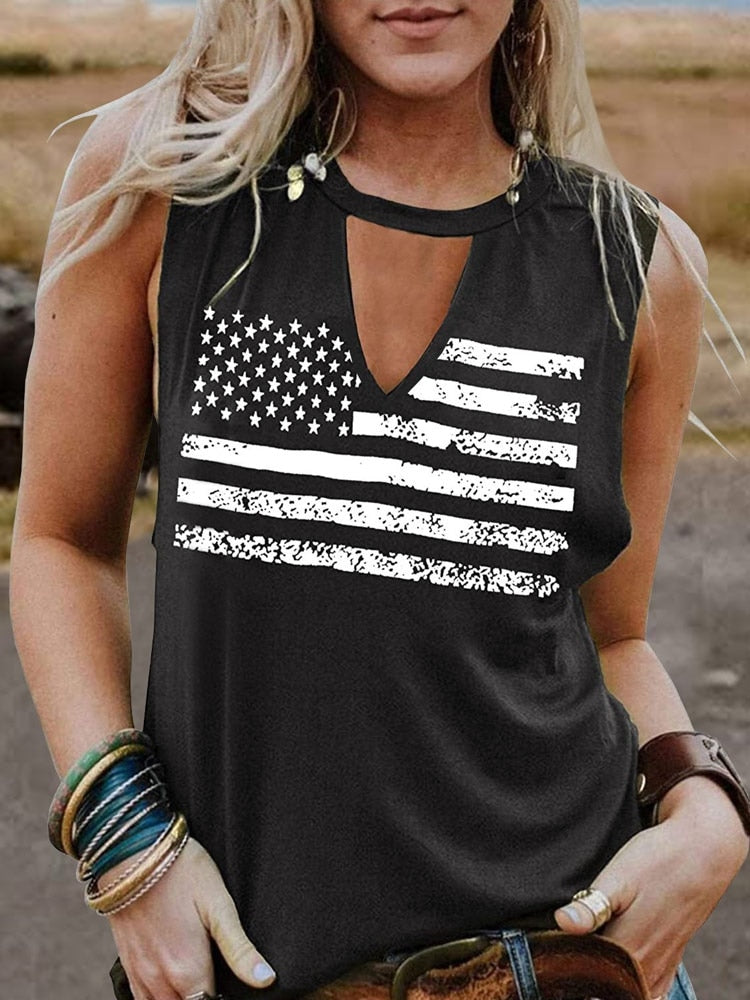 American Flag Tank Top Hollow Out Keyhole Neck Sleeveless Shirts Women 4th of July Summer US Flag Stars Stripes Patriotic Tops