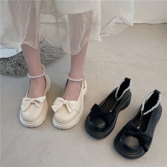 lovevop Shoes for Women New Hollow Out Breathable Mary Jane Shoes Pearl Bow Comfortable Lightweight Platform Shoes Zapatillas Mujer