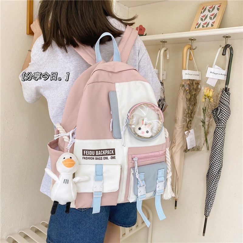 maoxiangshop - Women Backpack Nylon Waterproof Schoolbag For Teenage College Style Pure Color Girls Backpack Bookbag Cute Casual Travel