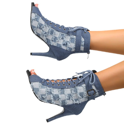 lovevop-Rubber Sole Latin Dance Boots Sexy Modern Shoes Dance High-heeled 9cm Sandals Lace-up Hollow Belt Buckle Fashion Square Denim