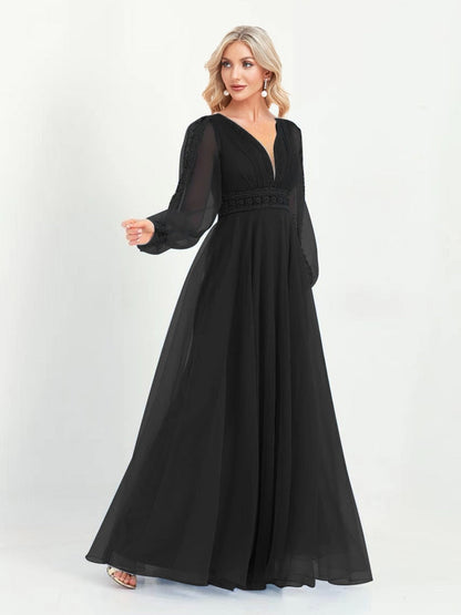 Lovevop Elegant Evening Dresses V-Neck Long Sleeve Floor-Length Gown 2024 Women Chiffon A-line Prom Formal  Dress